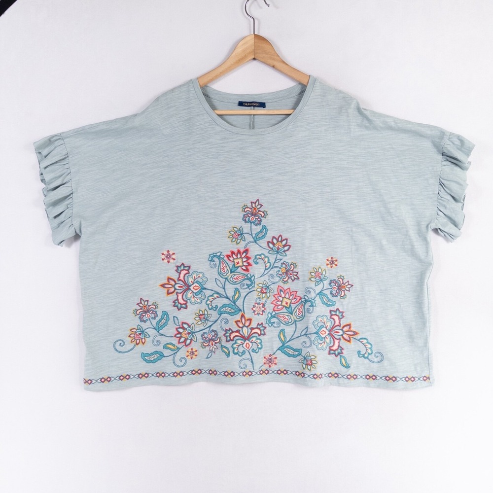 Bluheaven Top Tee Sz Small Blue Floral Embroidered Oversized Boxy Boho Ruffles